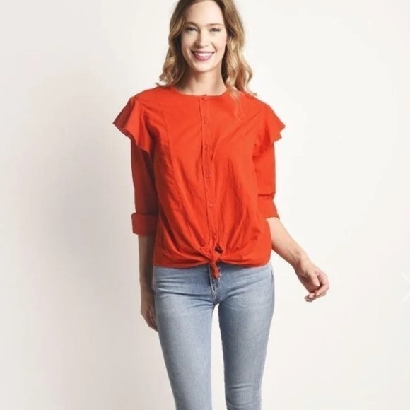 Current Elliot The Asley Button Up Ruffle Shirt Front Knot Size Medium Cotton - Picture 2 of 12